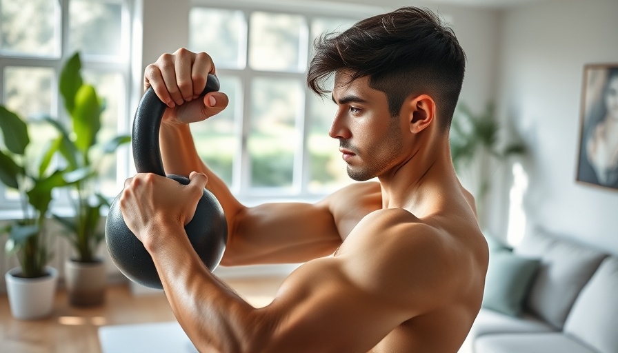 Man overcoming barriers to better health with home kettlebell workout.