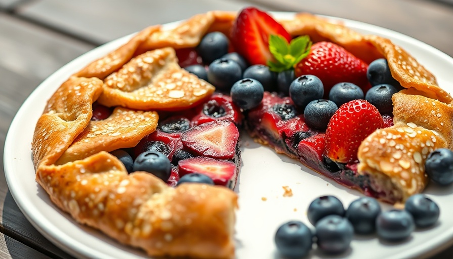 Homemade almond flour berry galette with fresh strawberries and blueberries.
