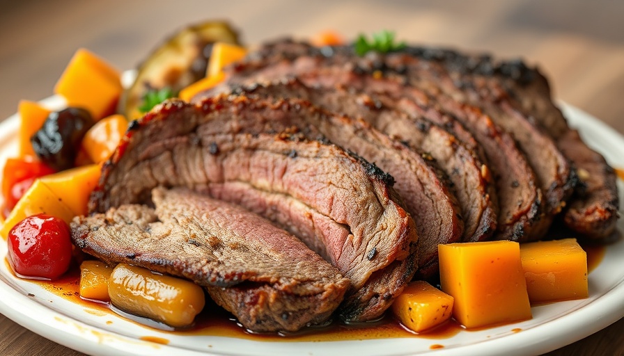 Tender oven braised brisket recipe with vegetables on a plate.