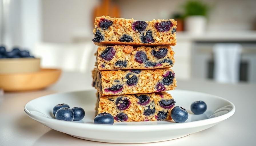 Healthy Blueberry Quinoa Bars stacked on a plate.
