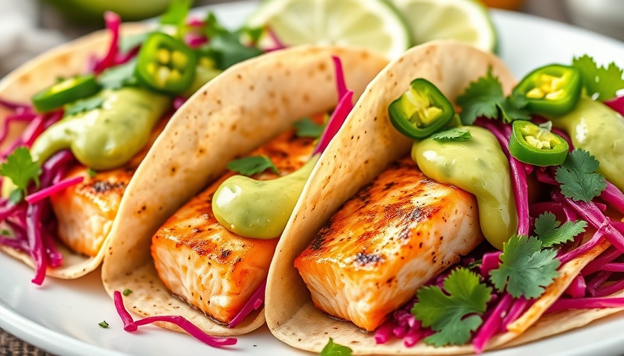 Grilled salmon tacos with colorful toppings and limes.