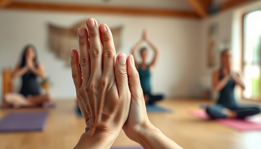 Aged hands in yoga class symbolizing healthy living practices.