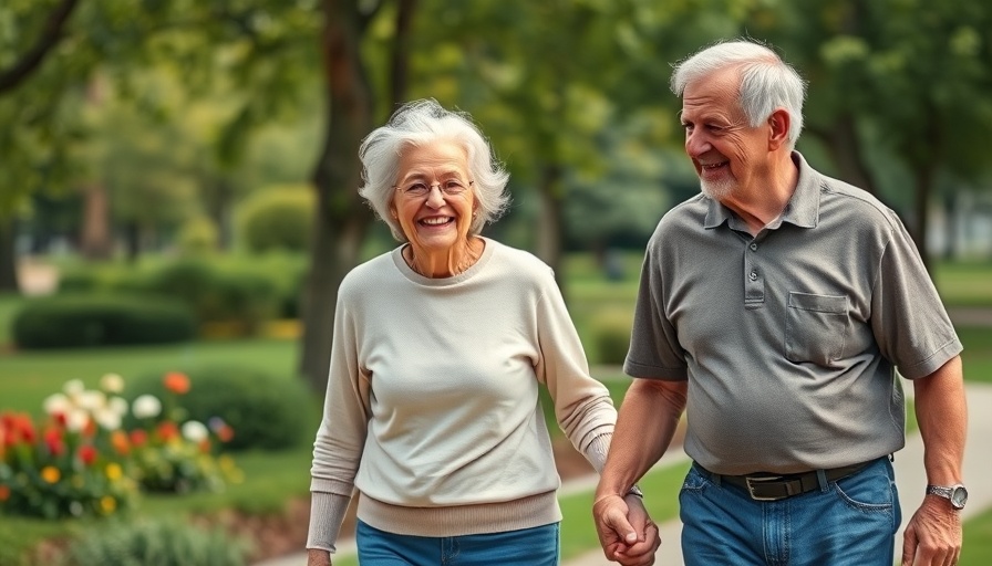 Elderly couple walking in a park, embracing healthy living habits for aging.
