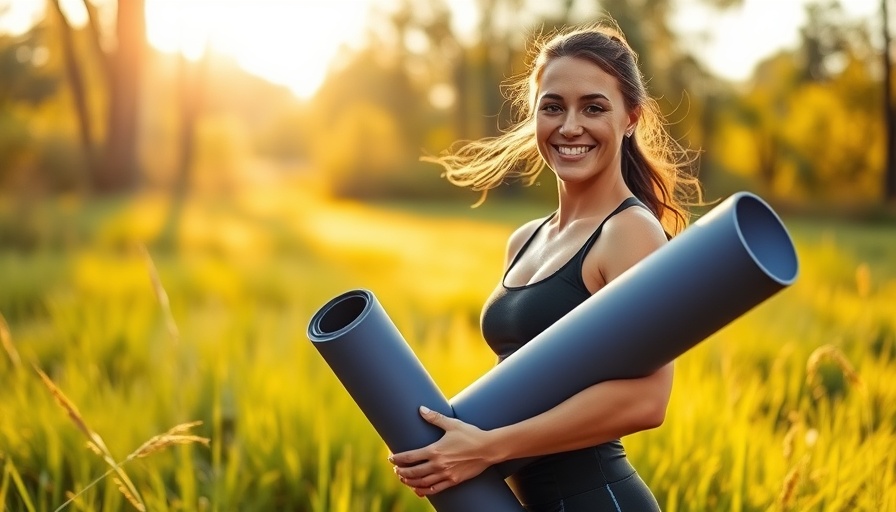 Fit woman in a park holding a yoga mat, promoting healthy living.