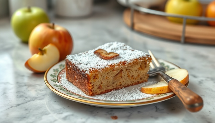 Homemade Apple Cake slice with powdered sugar and apples.