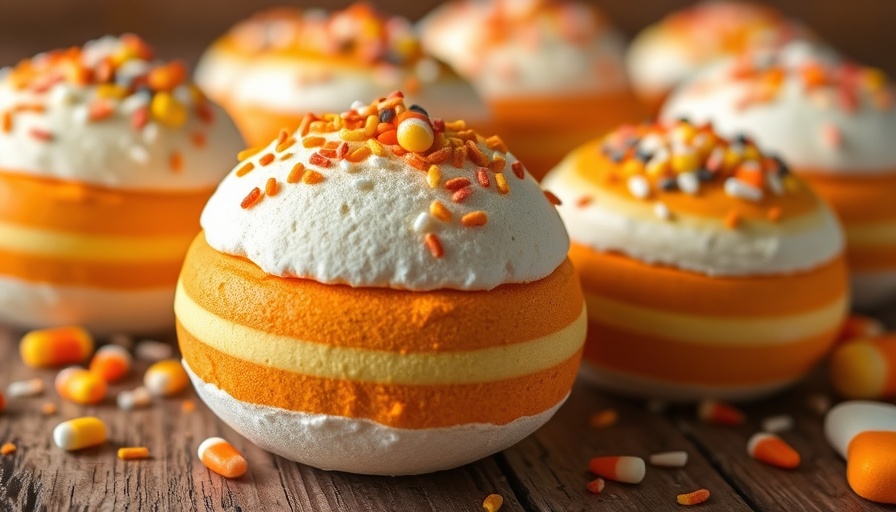 Whimsical DIY Candy Corn Bath Bombs with colorful layers and sprinkles.