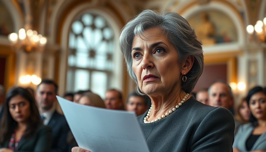 Mature woman discusses Medicaid cuts, holding a report at a conference.