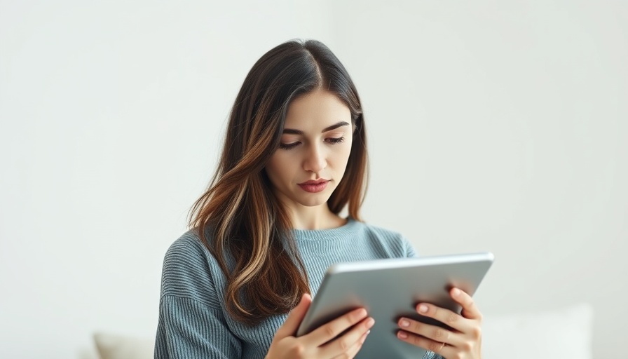 Young woman reading a tablet in a minimalistic room representing demand for mental health services.