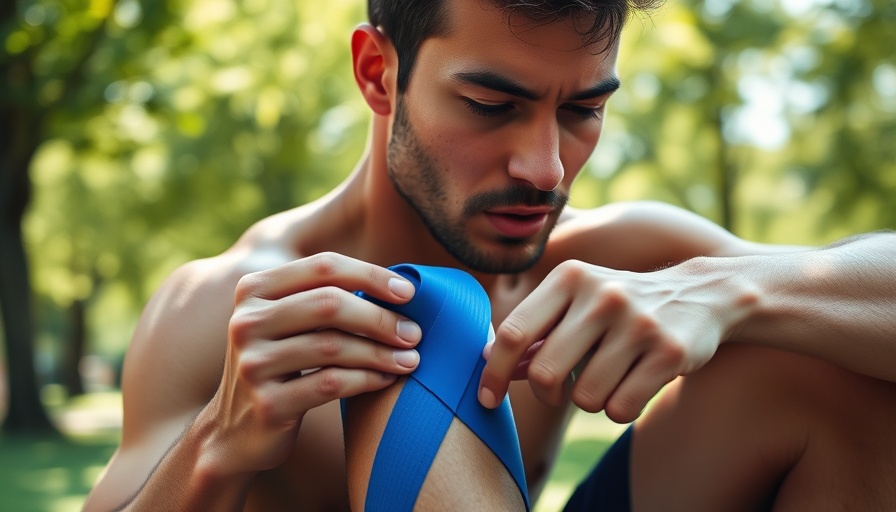Athlete adjusting blue kinesiology tape on calf in a sunny park.