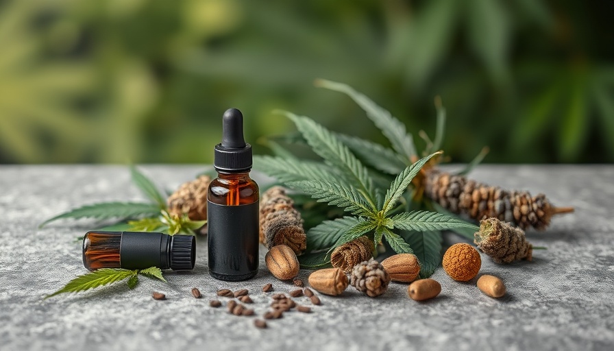 Cannabis tincture and plant leaves on textured surface, emphasizing use among older adults.