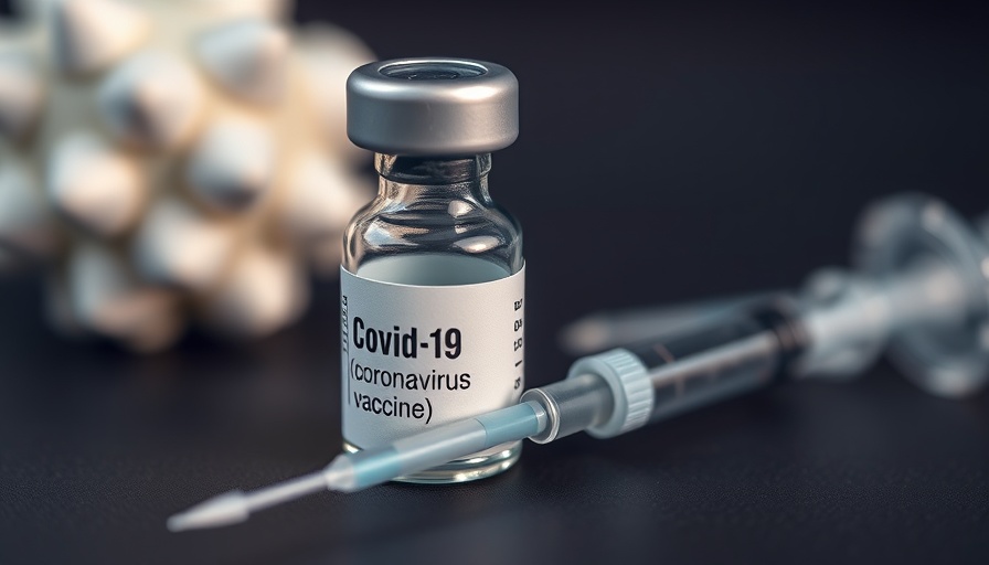 Close-up of a Covid-19 vaccine vial near a syringe on a dark background.