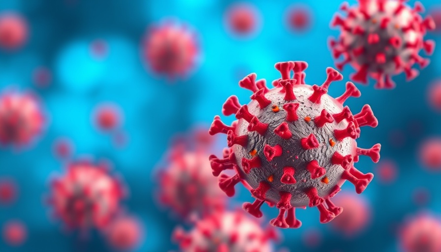 3D rendering of COVID-19 particles highlighting spike proteins against blue background.