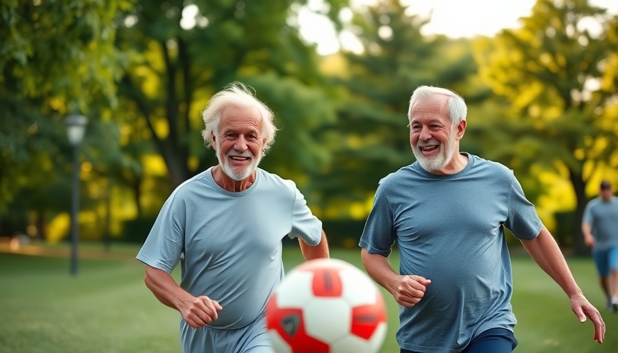 Football Training Benefits for Heart Patients: Elderly men playing soccer in a park promoting health benefits.