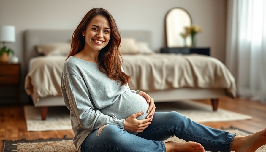 Pregnant woman sitting on floor smiling, home setting.