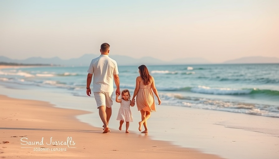 Family enjoying a serene walk on the beach.