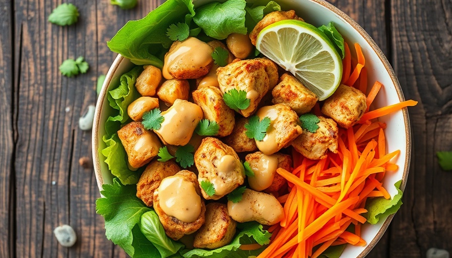 Colorful Peanut Chicken Power Bowl with fresh greens and peanut sauce.