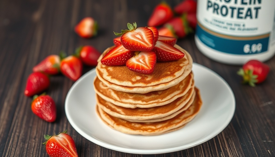 Strawberry vanilla protein pancakes on plate with fresh strawberries.