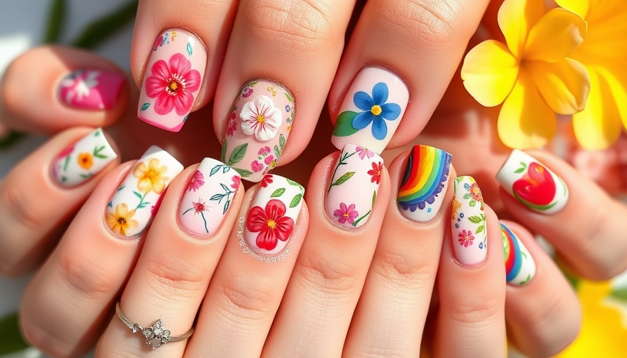 Colorful summer nail art trends with floral and rainbow designs.