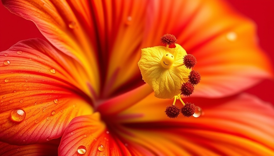 Vibrant exotic flower close-up against red backdrop.