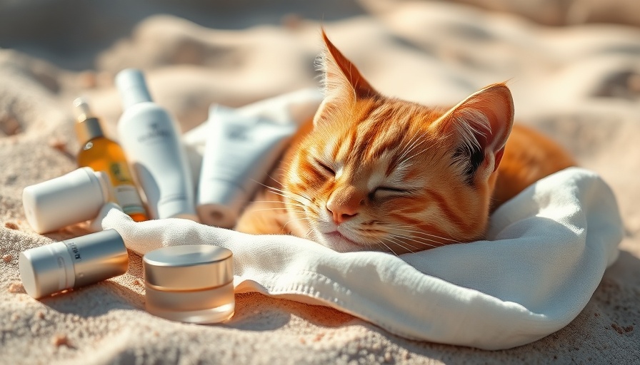 Charming orange cat resting among beauty products on a beach.