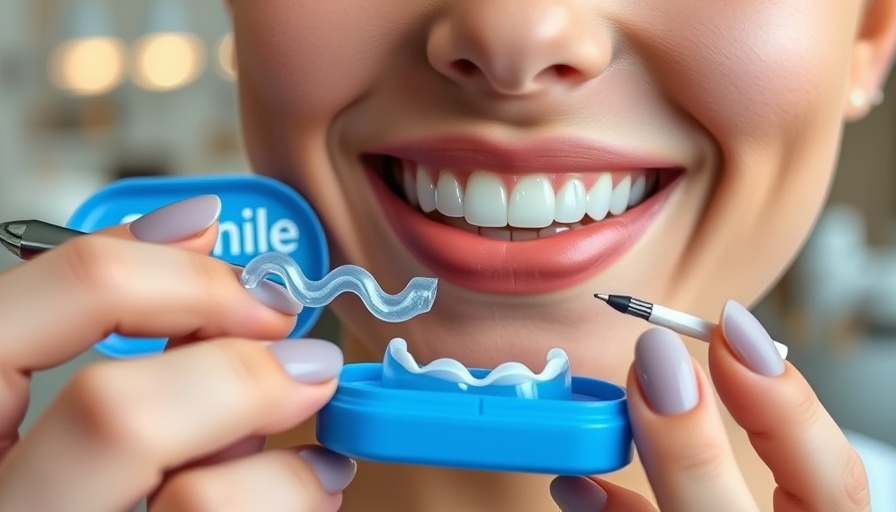 Women's beauty techniques with dental aligner and tools, enhancing smile.