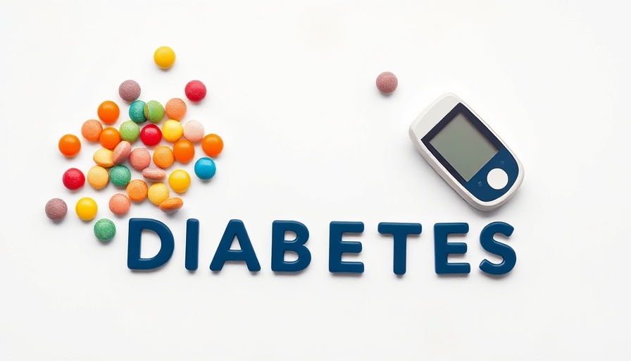 Diabetes theme with candies and glucose monitor on white background.