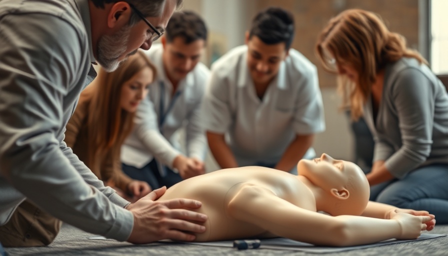 Participants practicing CPR on mannequins indoors.