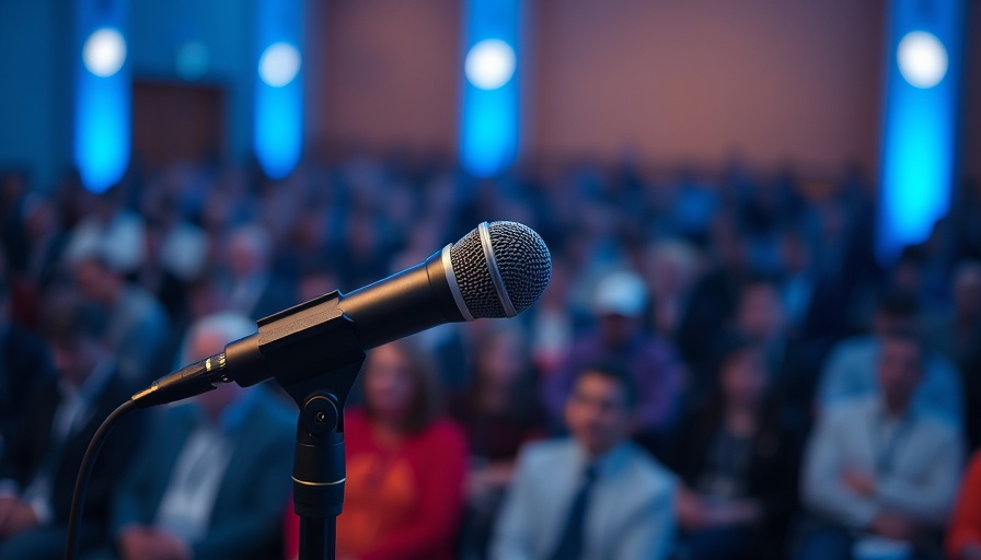 Microphone at a conference on Managing ILD in Connective Tissue Diseases, vibrant setting.