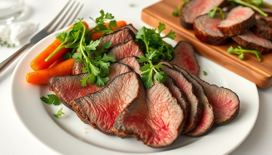 Swaledale Chateaubriand with greens and roasted vegetables on a plate.