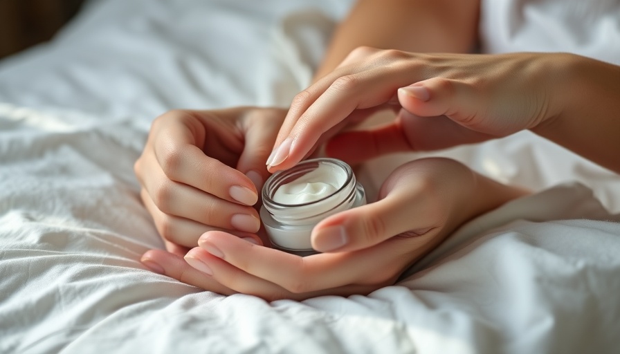 Applying skincare cream from a jar on white bedspread, wellness.