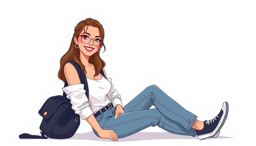 Stylish cartoon woman sitting casually, smiling warmly.
