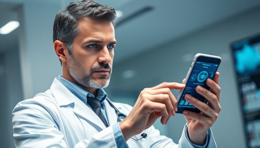 Doctor using smartphone for albuminuria testing with medical app interface.