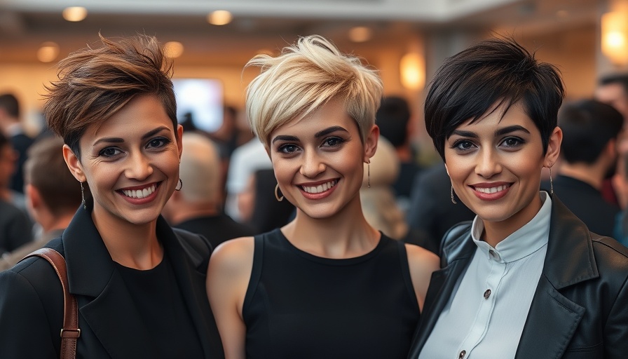 Trendy bixie haircuts on three women at an event, showcasing style.