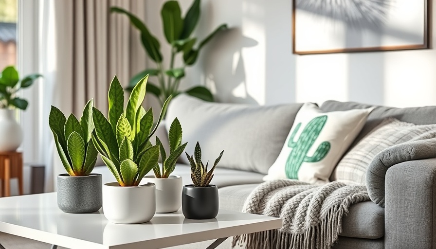 Stylish living room with plants and cactus pillow decor.