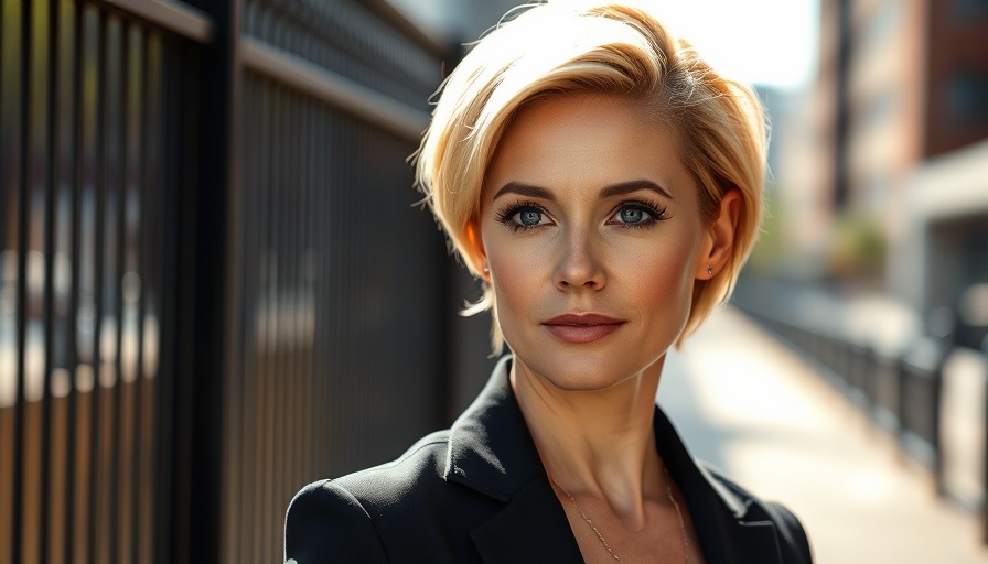 Confident woman outdoors with short hair and black blazer.