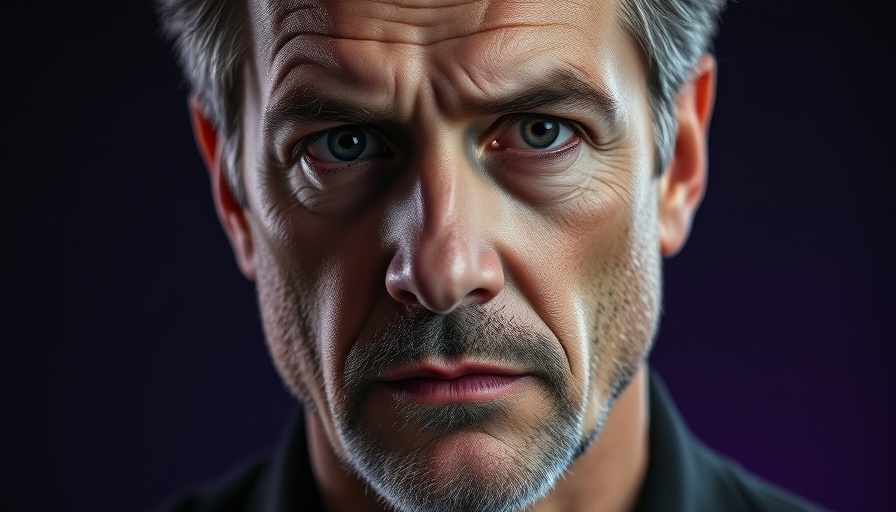 Serious man with intense gaze, contemplating decision.