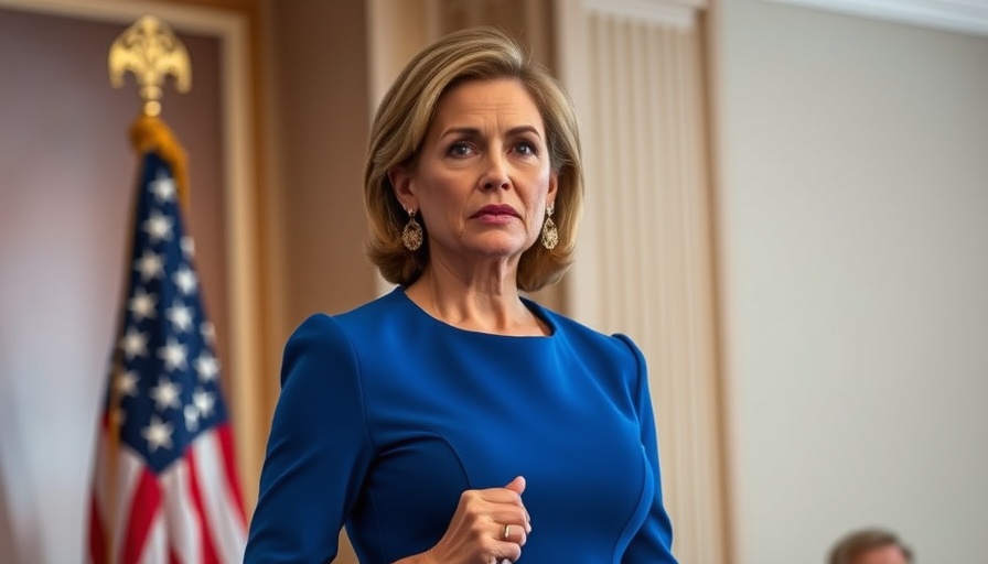 Confident female lawmaker in blue dress, American flag backdrop.