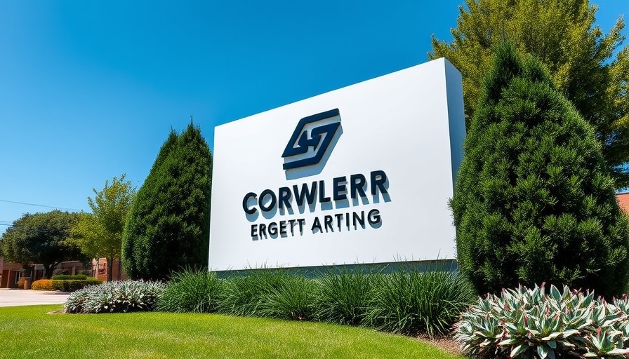 Corporate sign in landscaped environment, representing industry.