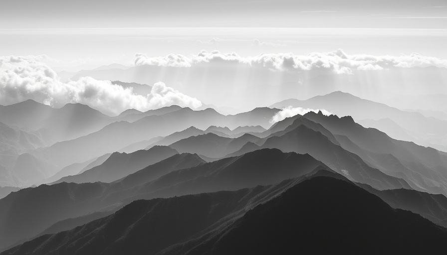 Black and white image of misty mountains in Maricopa.