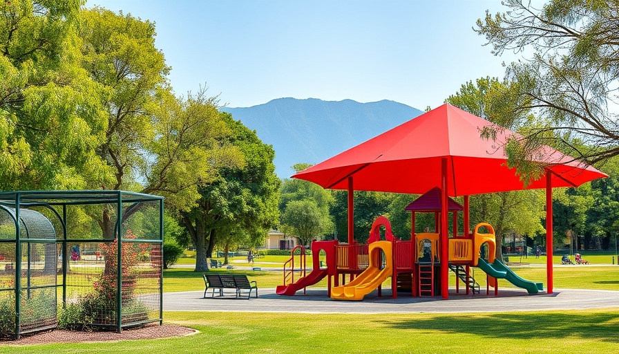 Maricopa park playground with red-roof, climbing structures, and mountain view.