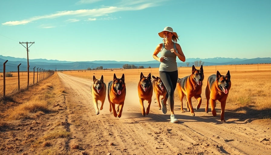 Woman jogging with German Shepherds on rural path, Maricopa County dog breeder permit challenges