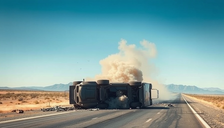 Fiery rollover crash SR 347: Overturned truck with smoke on desert road.