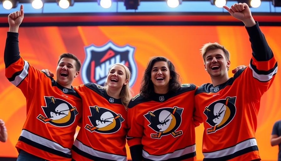 NHL Entry Draft attendees celebrating in Anaheim Ducks jerseys.