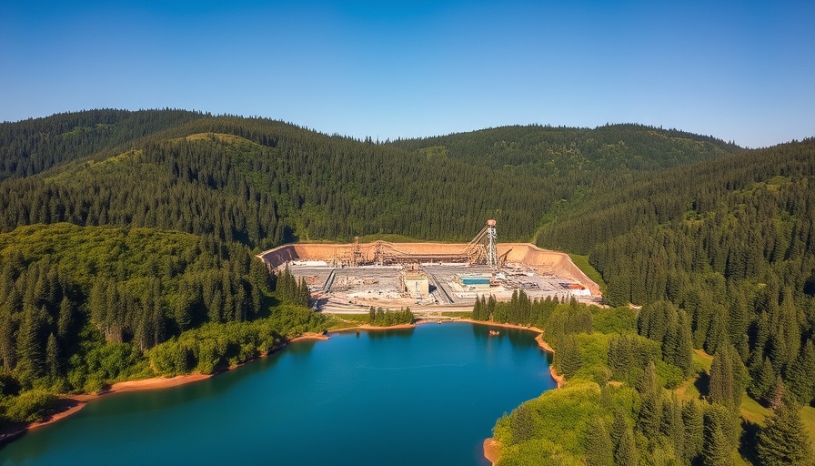 Aerial view of Saskatchewan uranium mine amidst forest and water.