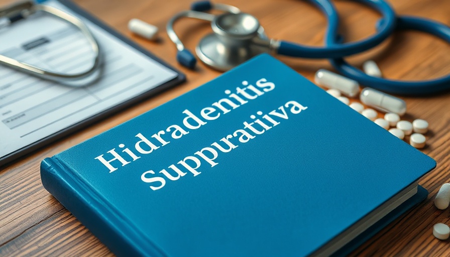 Hidradenitis suppurativa book on desk with medical tools.