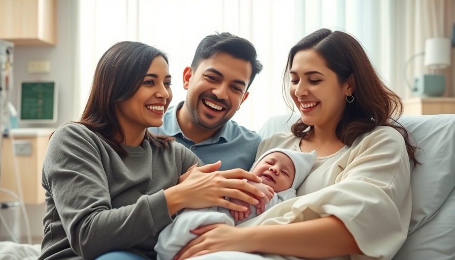Birth rate rises depicted by happy family with newborn in hospital.