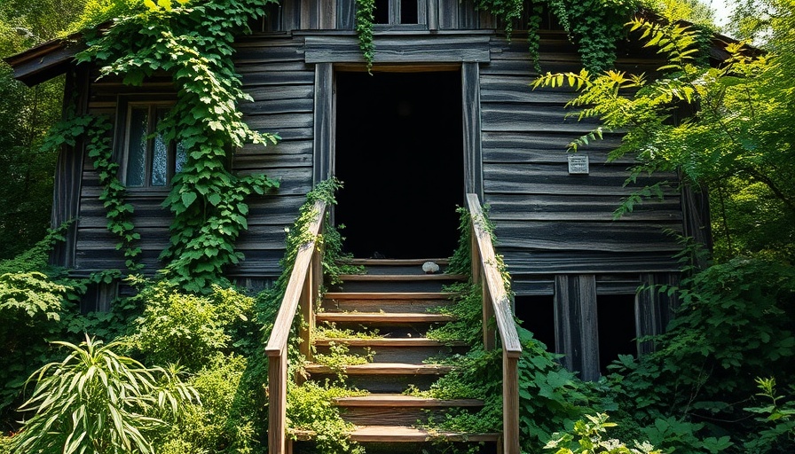 Rustic wooden structure with overgrown entrance, Saskatoon cultural events site.