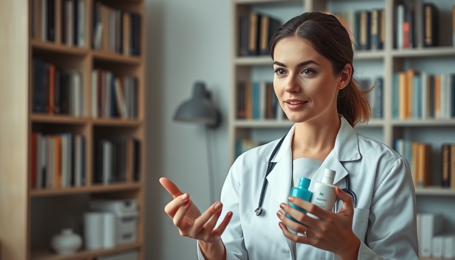 Dermatologist discussing sensitive skin in office with skincare products.