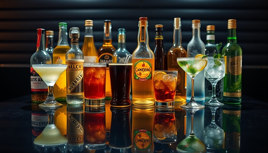 Assorted drinks in reflective glass bottles.
