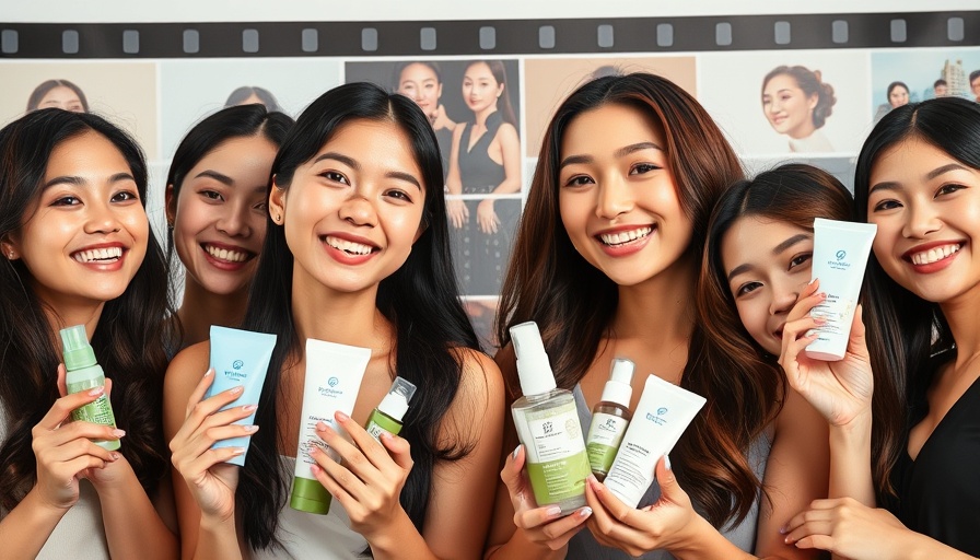 Diverse women with K-beauty items in film-style collage.